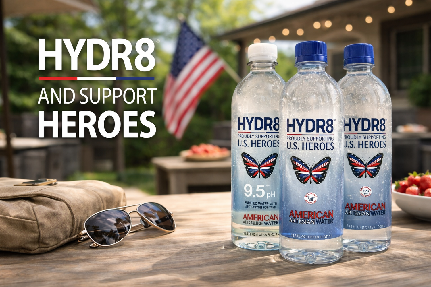 Three bottles of HYDR8 U.S. Heroes water on a table with sunglasses and a bag, with an American flag in the background.