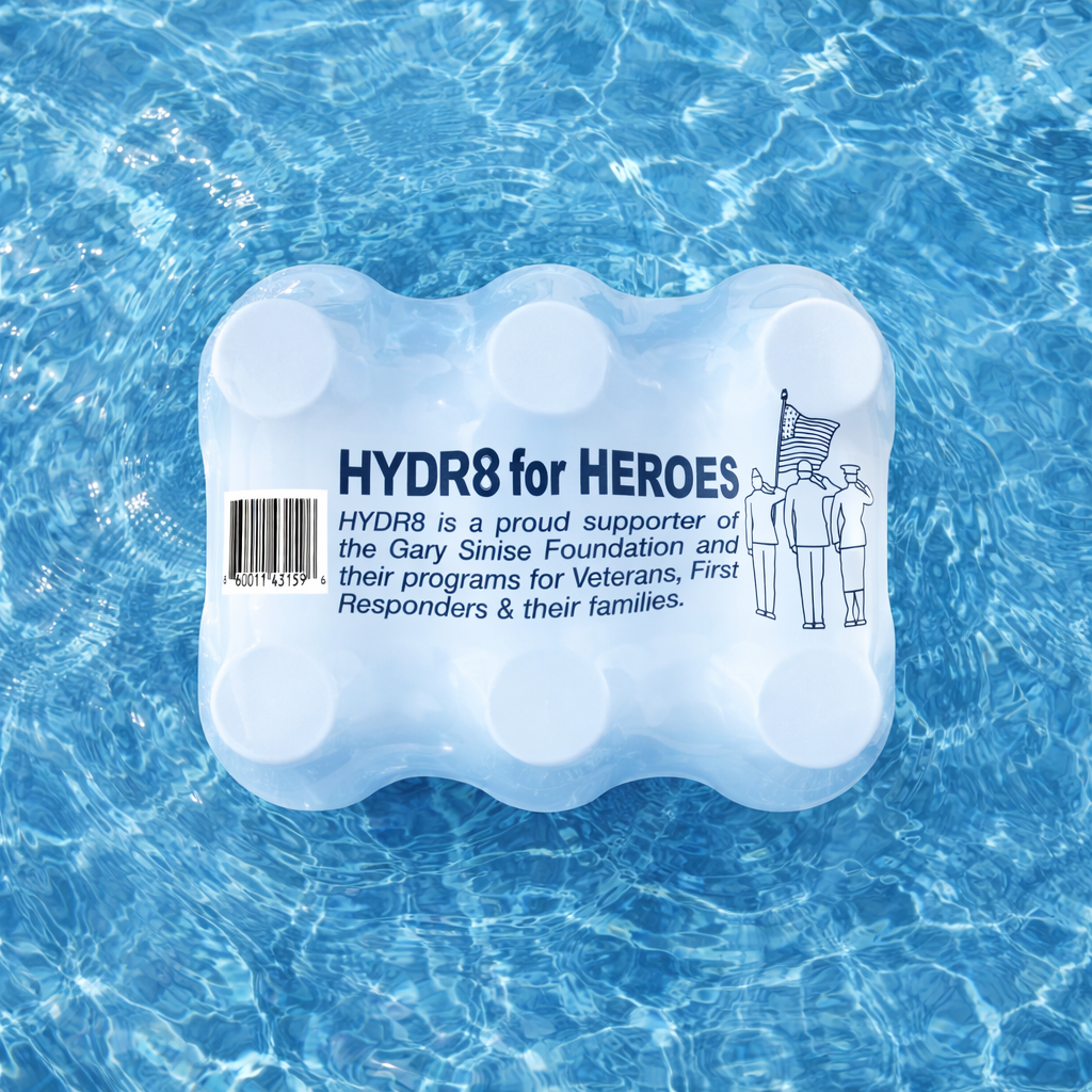 HYDR8 for HEROES water bottle holder on a blue water background